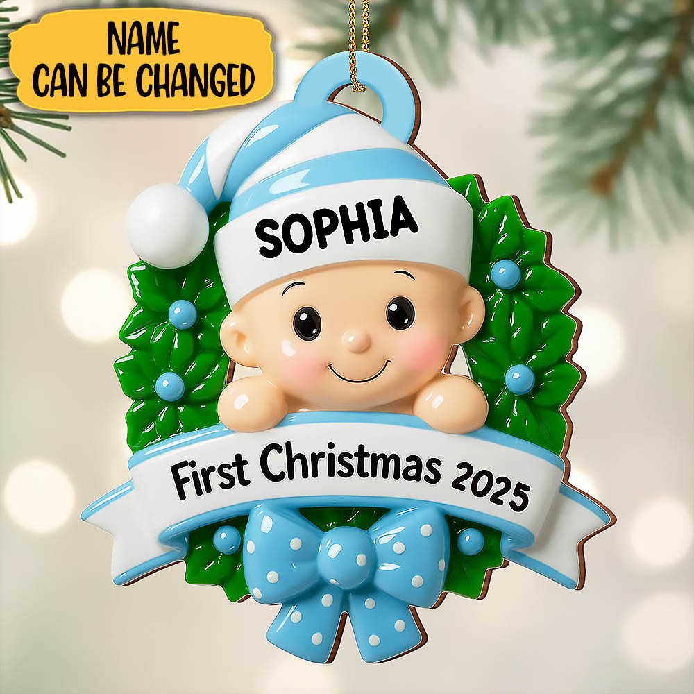 Customize First Christmas Baby With Wreath And Bow Ornament Gift For Kids and Family