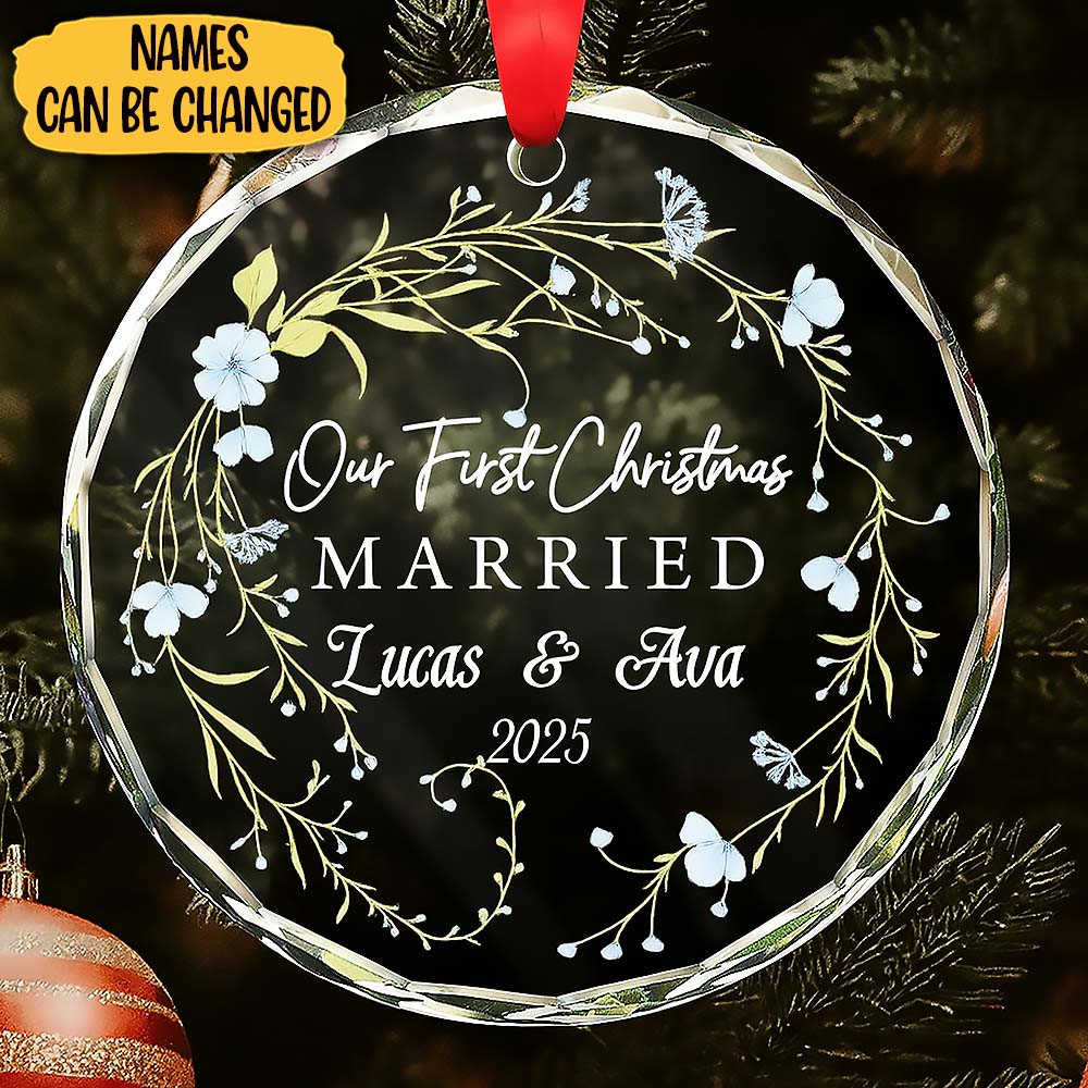 Customize Our First Christmas Married With Flowers And Branches Ornament Gift For Husband and Wife and Lovers