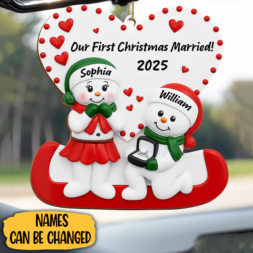 Customize Our First Christmas Married With Snowmen and Hearts Ornament Gift For Husband and Wife and Lovers