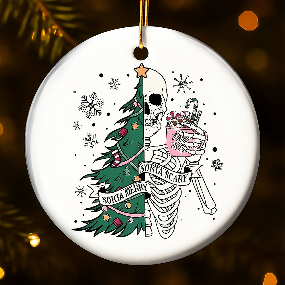Customize Sorta Merry Sorta Scary With Skull And Halloween and Christmas Tree Ornament Gift For Friends and Lovers and Family