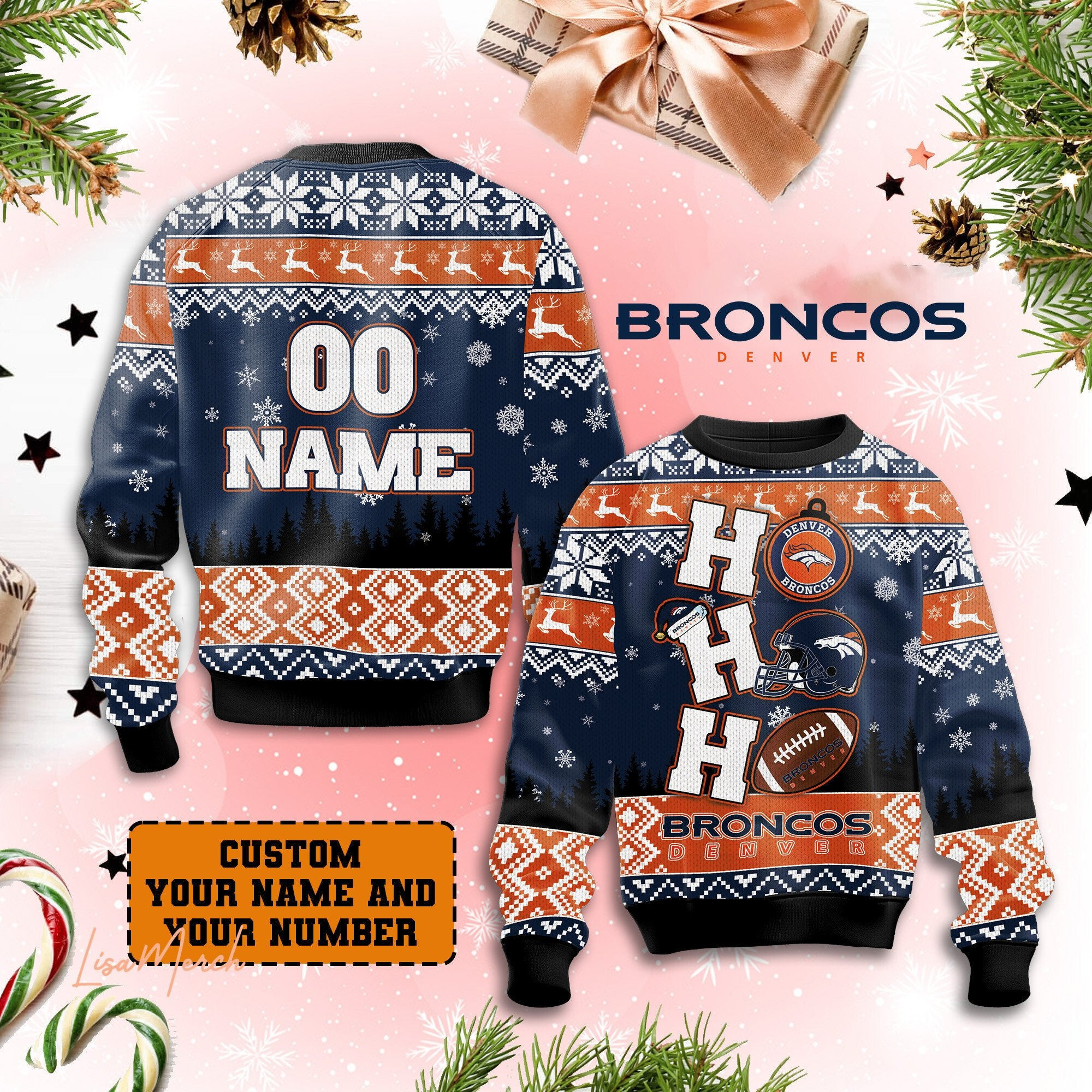 Customized Christmas Ho Ho Ho Denver Broncos Ugly Sweater Football Fan Gift Ideas