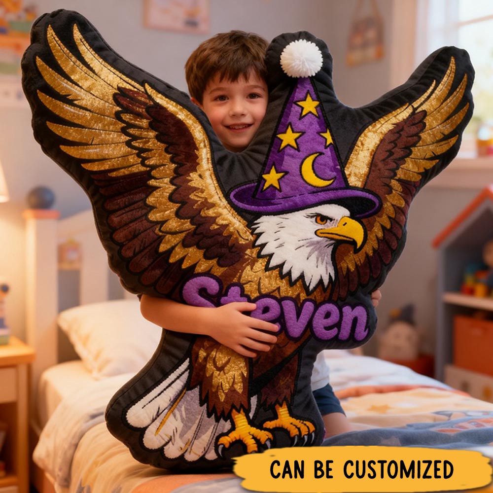 Customized Eagle Shaped Pillow with Golden Wings Wizard Hat Moon Stars and Magical Design Graphic 3D Print Pillow