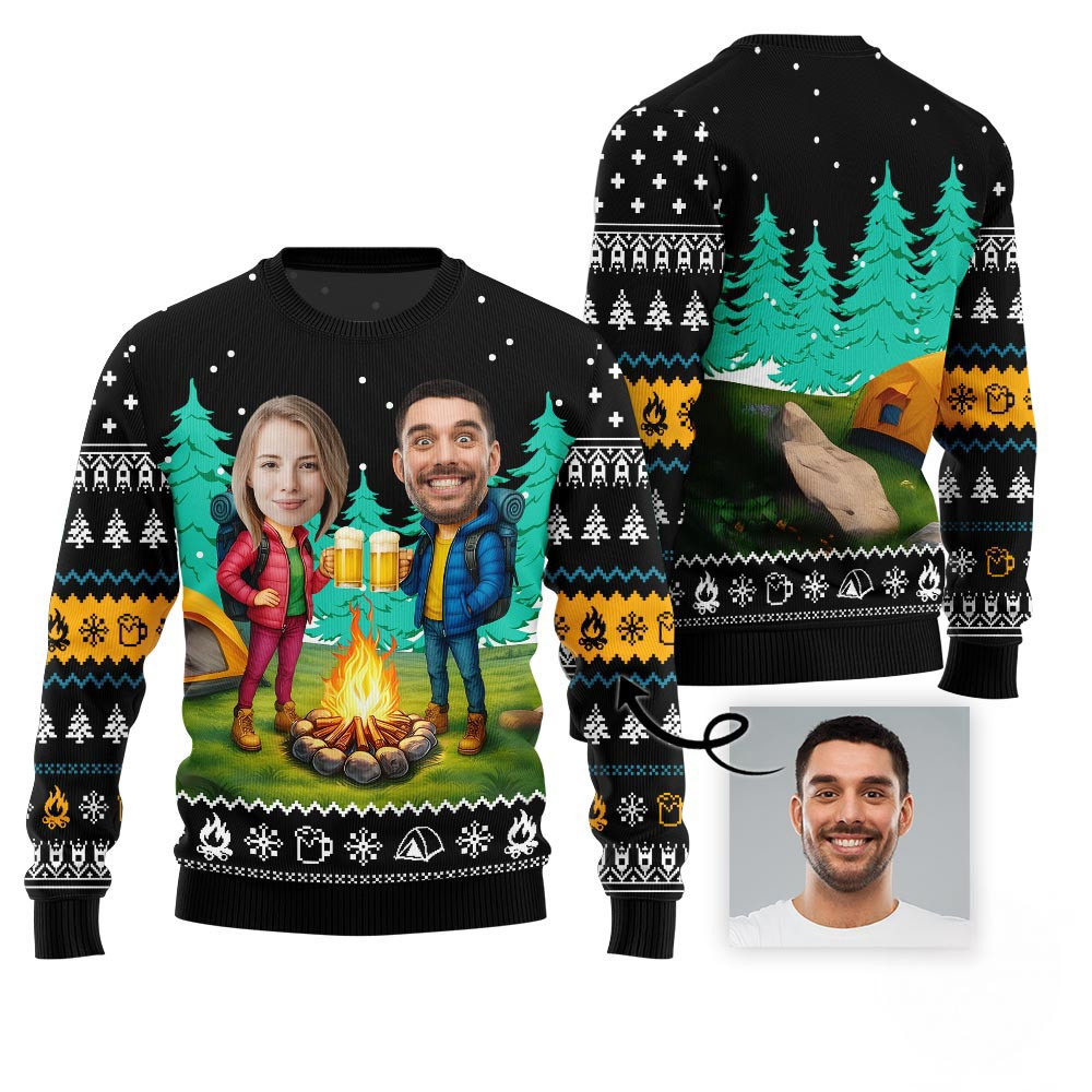 Customized Face Couple Camping With Beer Xmas Sweater Family Gifts For Christmas