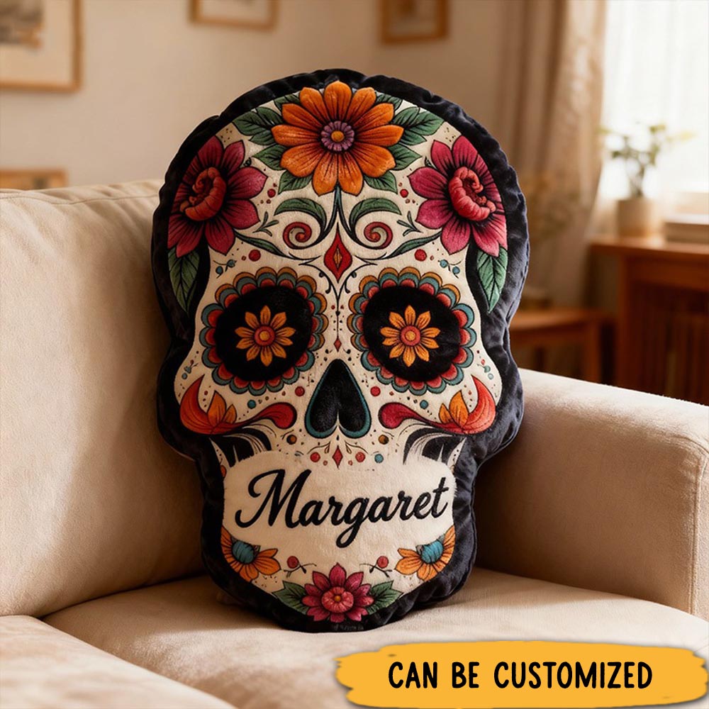 Customized Funny Pillow Christmas Graphic 3D Print Floral Skull The Day of the Dead Holiday with Custom Name