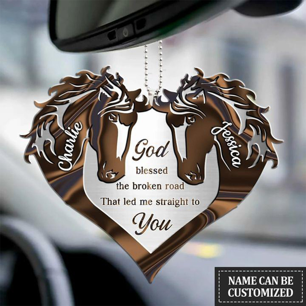 Customized God Blessed The Broken Road Two Horses On A Heart Car Hanging Ornament Car Decor