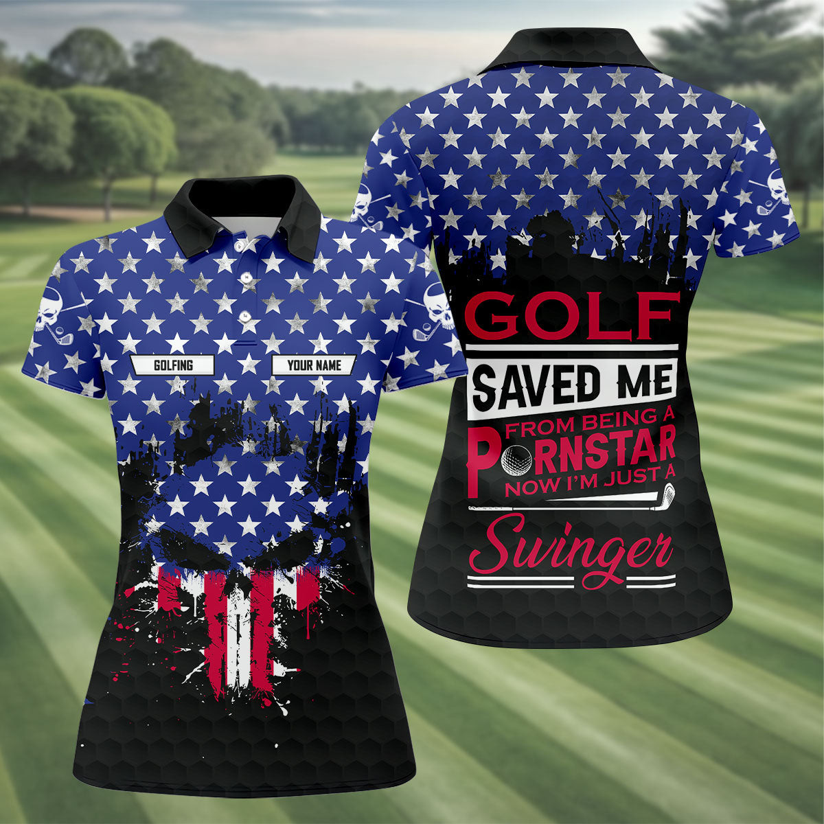 Customized Golf Saved Me US Flag Skull Golf Polo Shirt Ladies Golf Attire Golf Gift Ideas