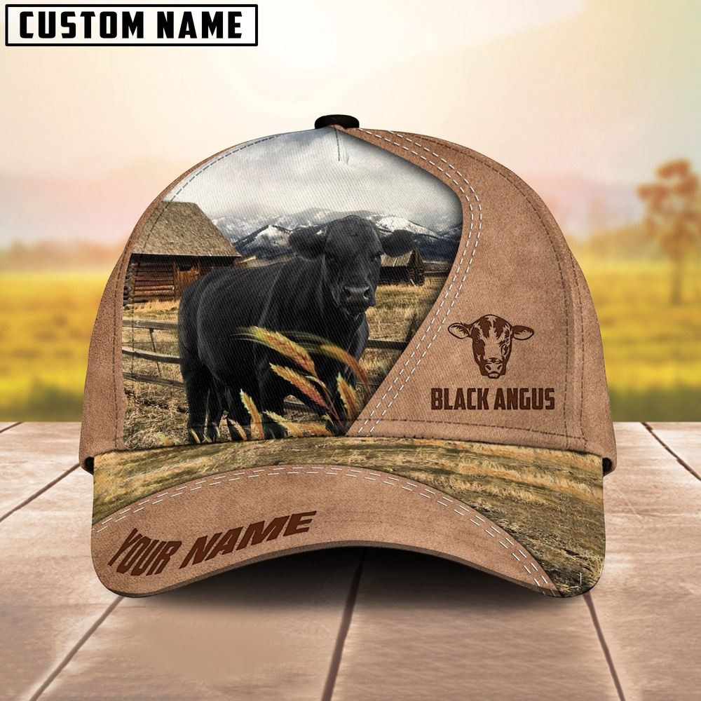 Customized Name Black Angus Cattle On Ranch Light Brown Cap Farm Cap Farmer Baseball Cap Gift For Farmer