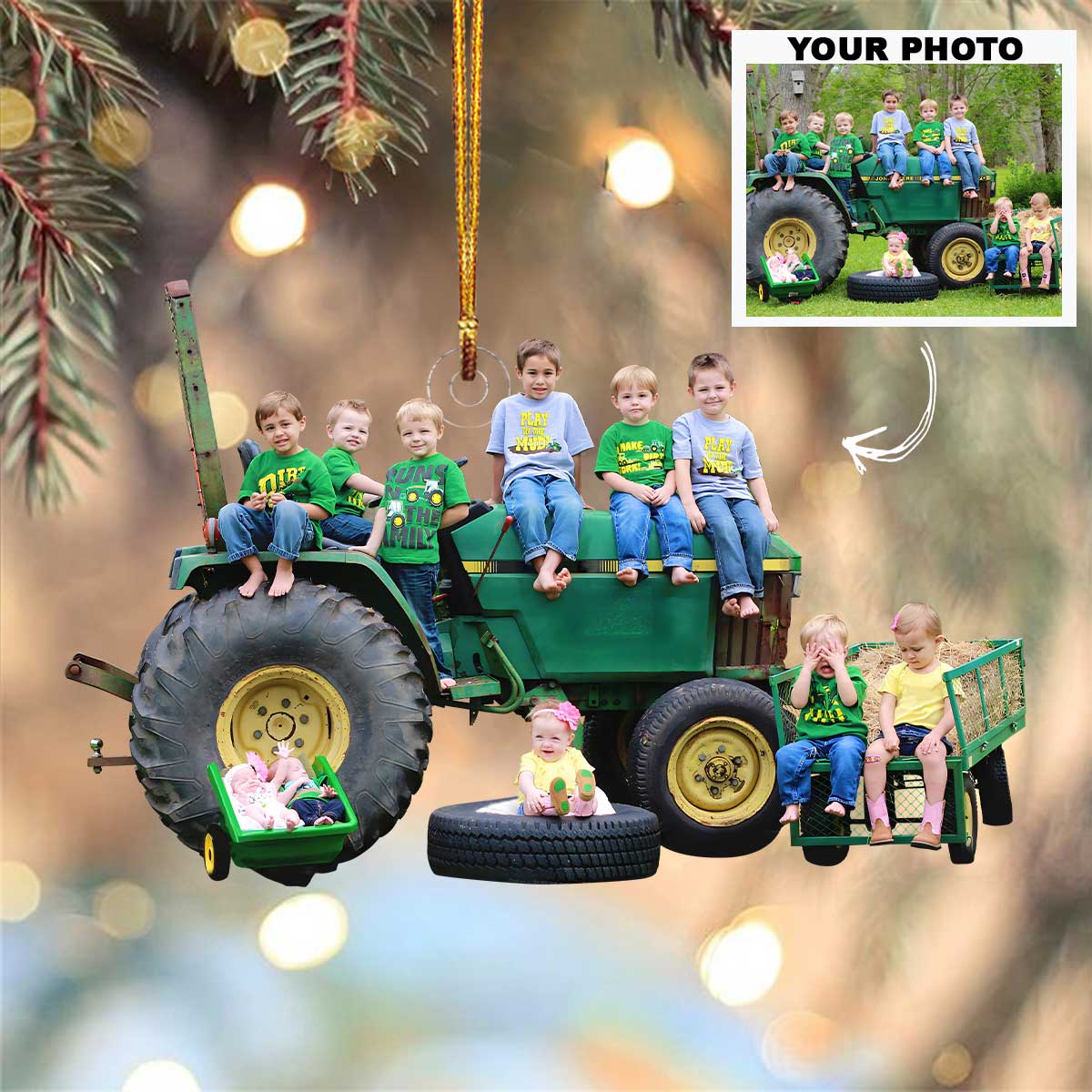Customized Photo Ornament Family Photo With Tractor Personalized Photo Mica Ornament