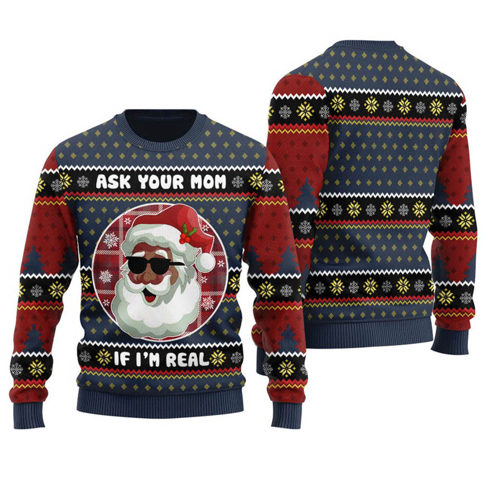 Cute African American Santa Christmas Sweater Men Navy Thoughtful Winter Gift Merch for Special Moments