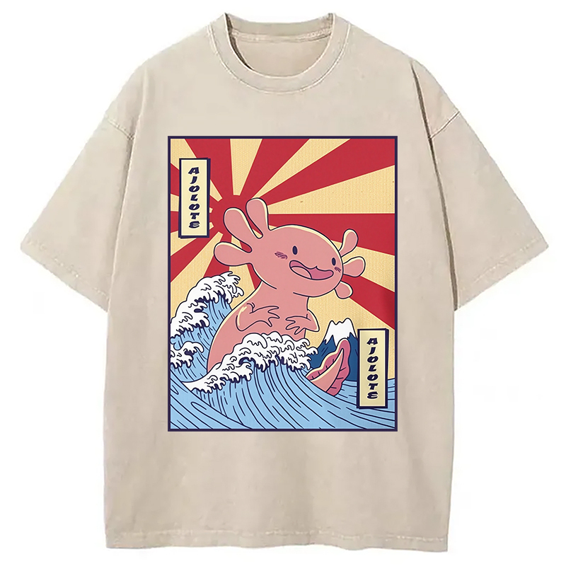 Cute Axolotl Wave Washed T-Shirt Trendy Aesthetic Graphic Apparel Gifts For Best Friend