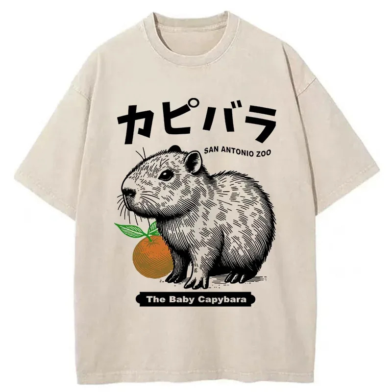 Cute Baby Capybara Washed T-Shirt Soft Comfortable Daily T Shirt Gifts For Besties