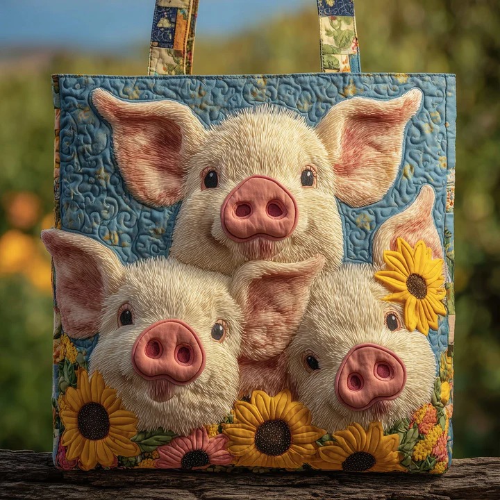 Cute Baby Pig Trio Sunflower Quilted Tote Bag Farm Animal Lover Funny Country Nature Gift For Her