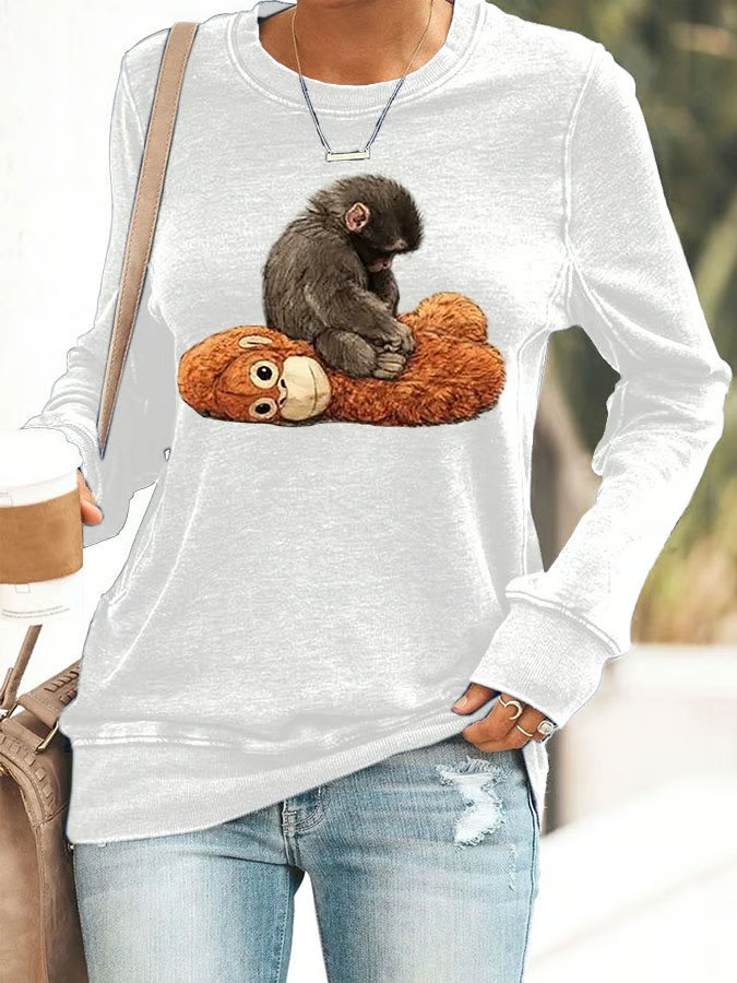 Cute Baby Punch Money On Teddy Crewneck Sweatshirt Funny Animal Graphic Pullover Monkey Lover Tee Gift Ideas