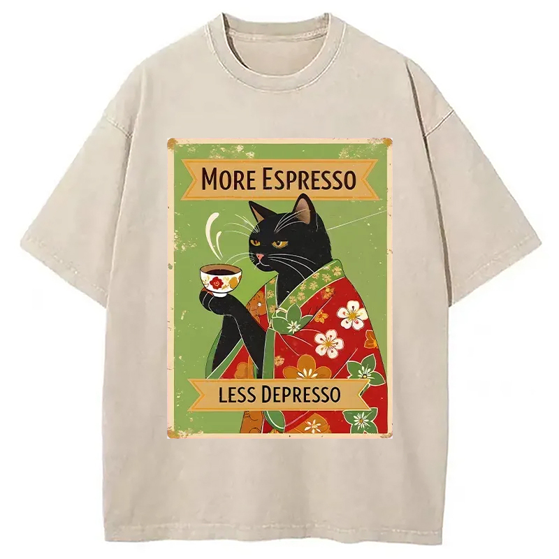 Cute Black Cat Drinking Coffee Washed T-Shirt Soft Cotton Daily Wear Tee Gifts For Friends