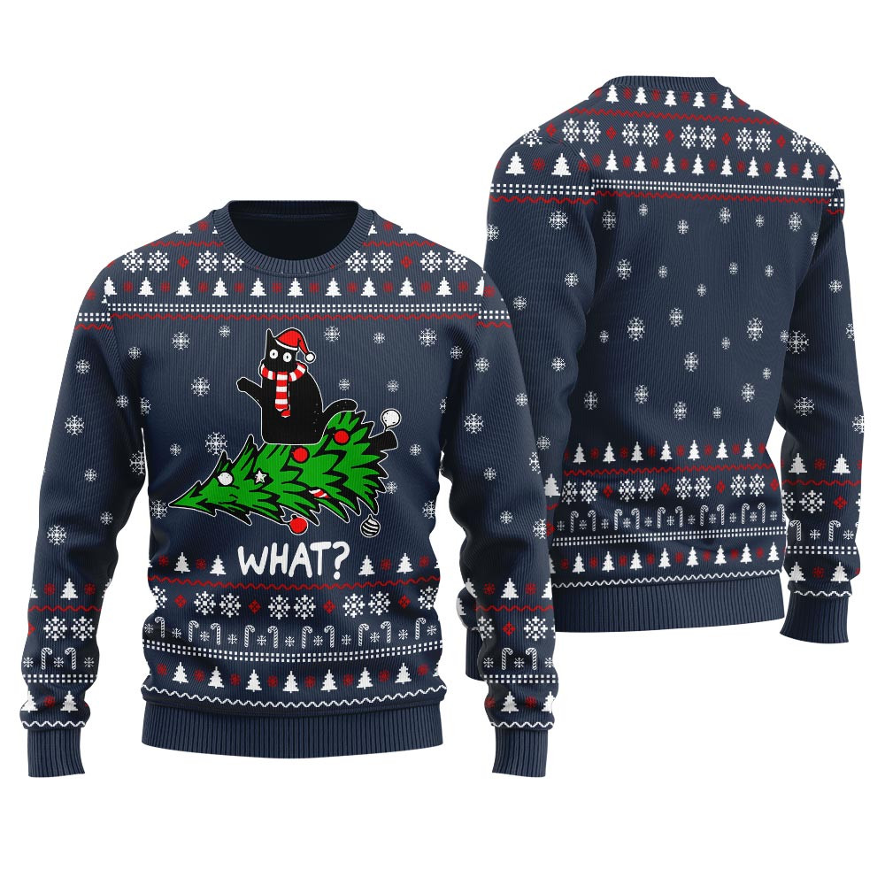 Cute Black Cat Holiday Sweater Women Navy Lovely Merch Gift for Cozy Winter Nights