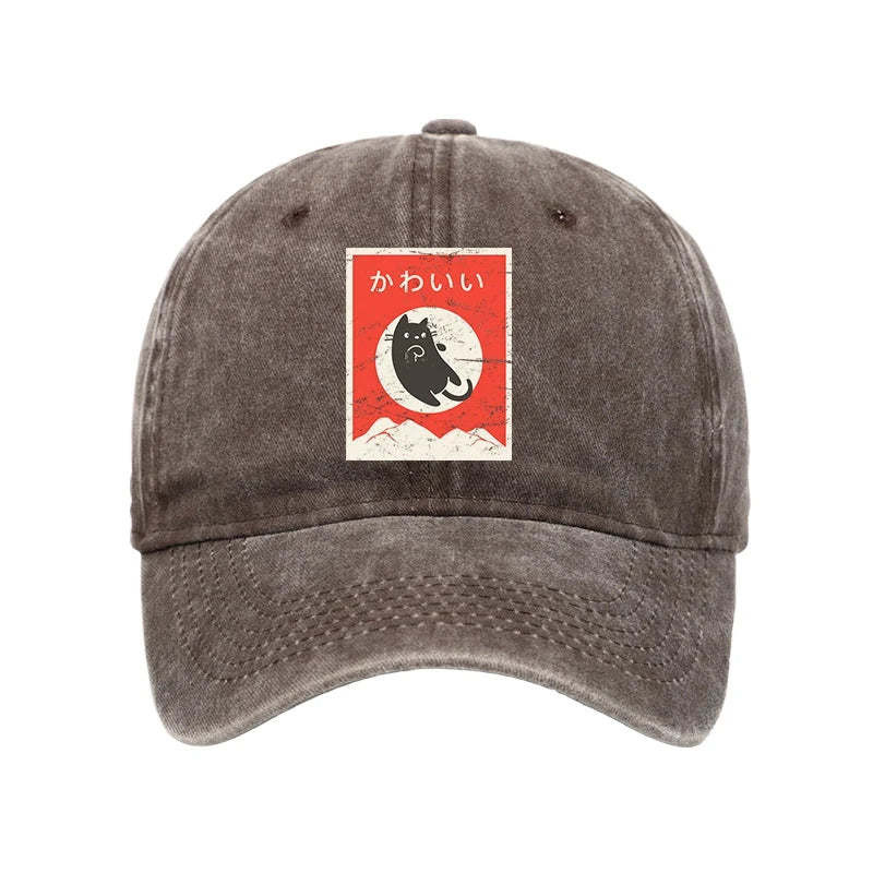 Cute Black Cat Japanese Hat Japanese Art Animal Cap Cool Presents For Cat Owners