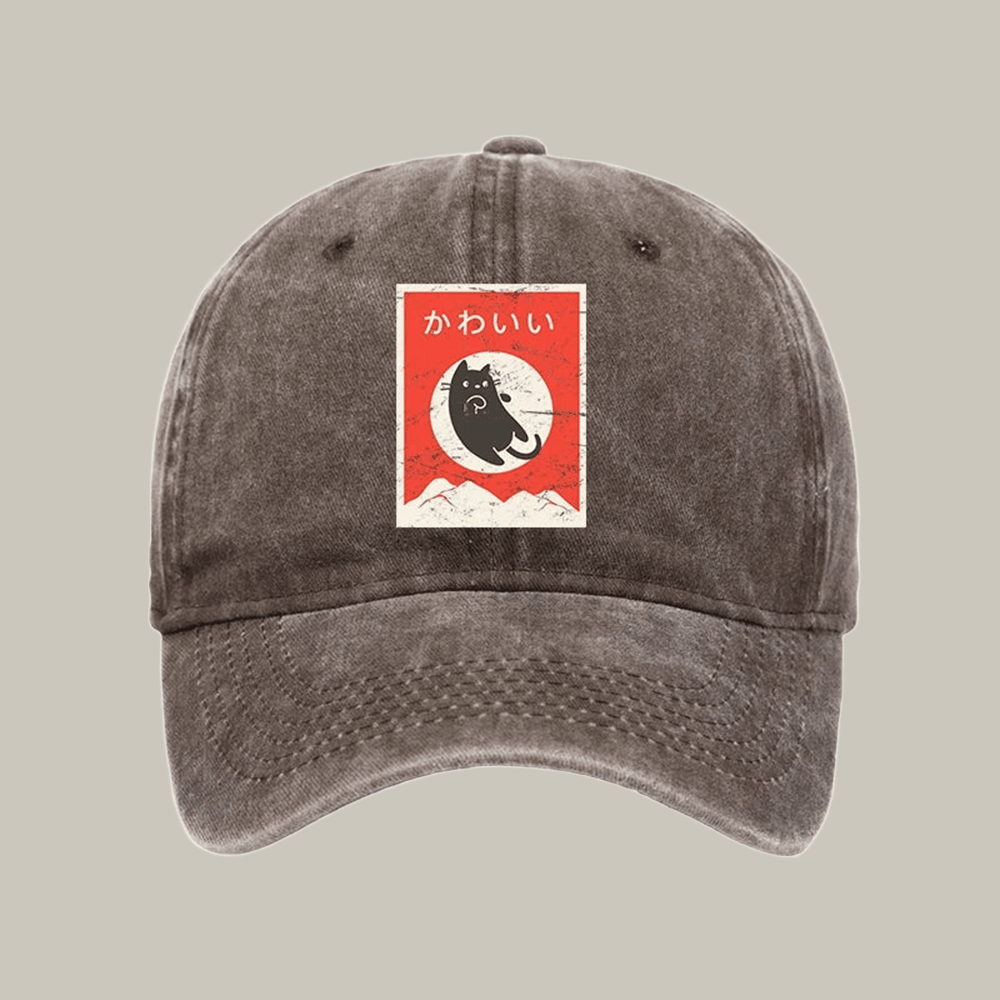 Cute Black Cat Japanese Washed Cap Funny Baseball Caps Cat Present Ideas Xmas