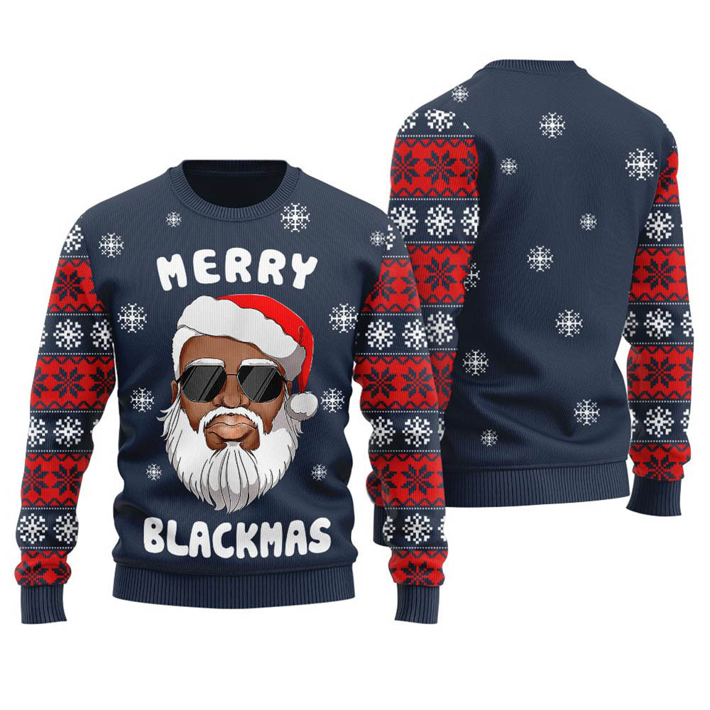 Cute Black Santa Merry Xmas Womens Ugly Sweater Navy Lovely Christmas Sweater Gift for Mom or Grandma