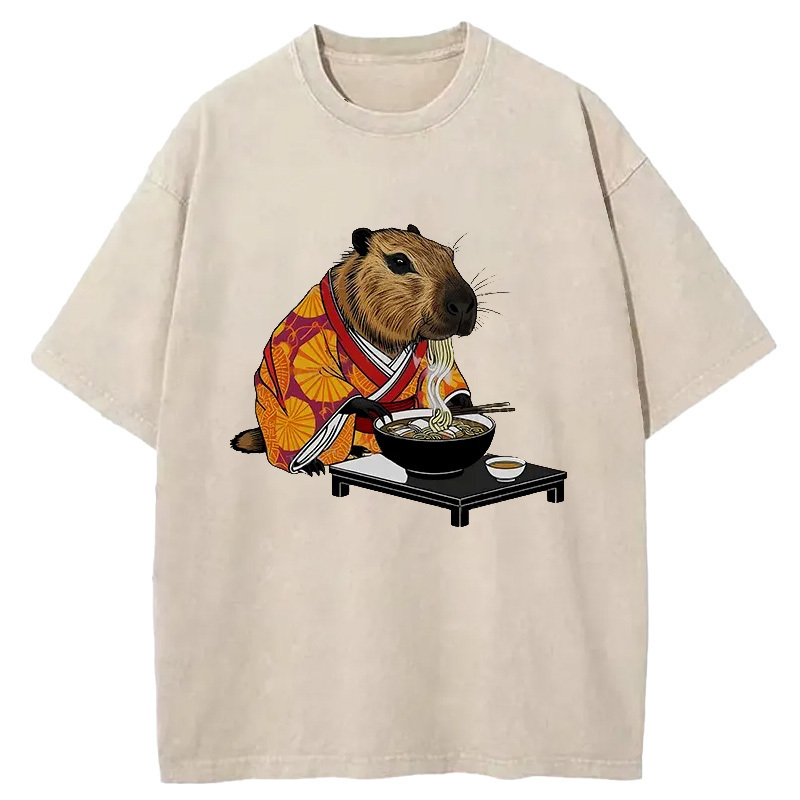 Cute Capybara Eating Ramen Washed T-Shirt Unique Aesthetic Fashion Tee Gifts For Sister