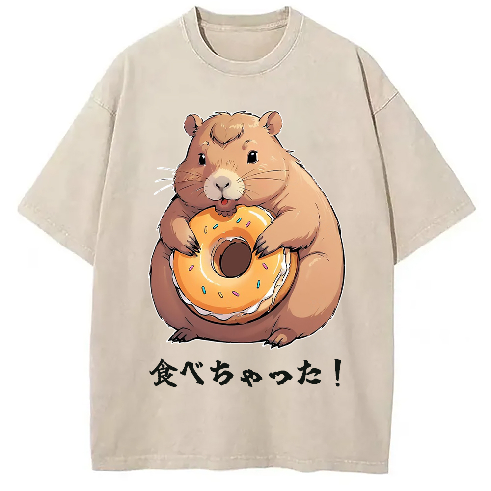 Cute Capybara Is Eating A Donut Washed T-Shirt Trendy Everyday Casual Outfit Gifts For Brother