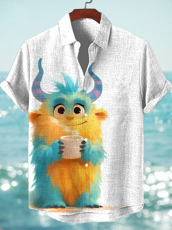 Cute Cartoon Character Coffee Print Hawaiian Shirt Unique Gift For Boyfriend Birthday