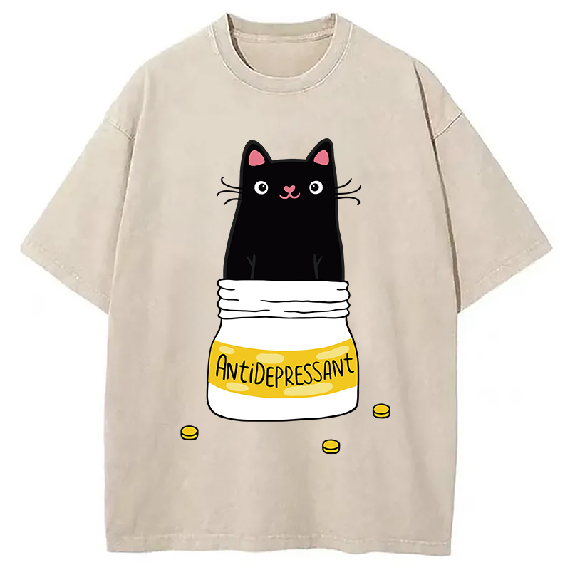 Cute Cat Antidepressant Funny Meme Washed T-Shirt Funny Quote Unisex Shirt Gifts For Friends