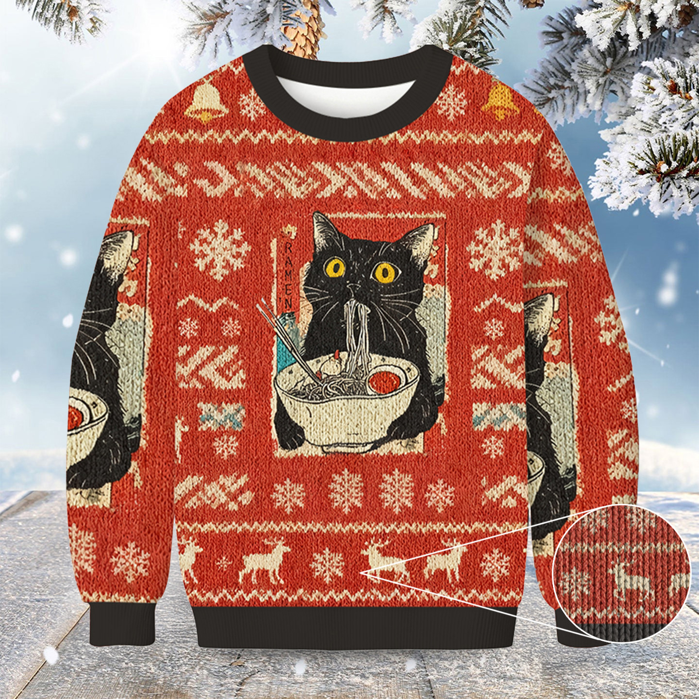 Cute Cat Eating Ramen Christmas Ugly Sweater Animal Clothing Cat Themed Christmas Gifts