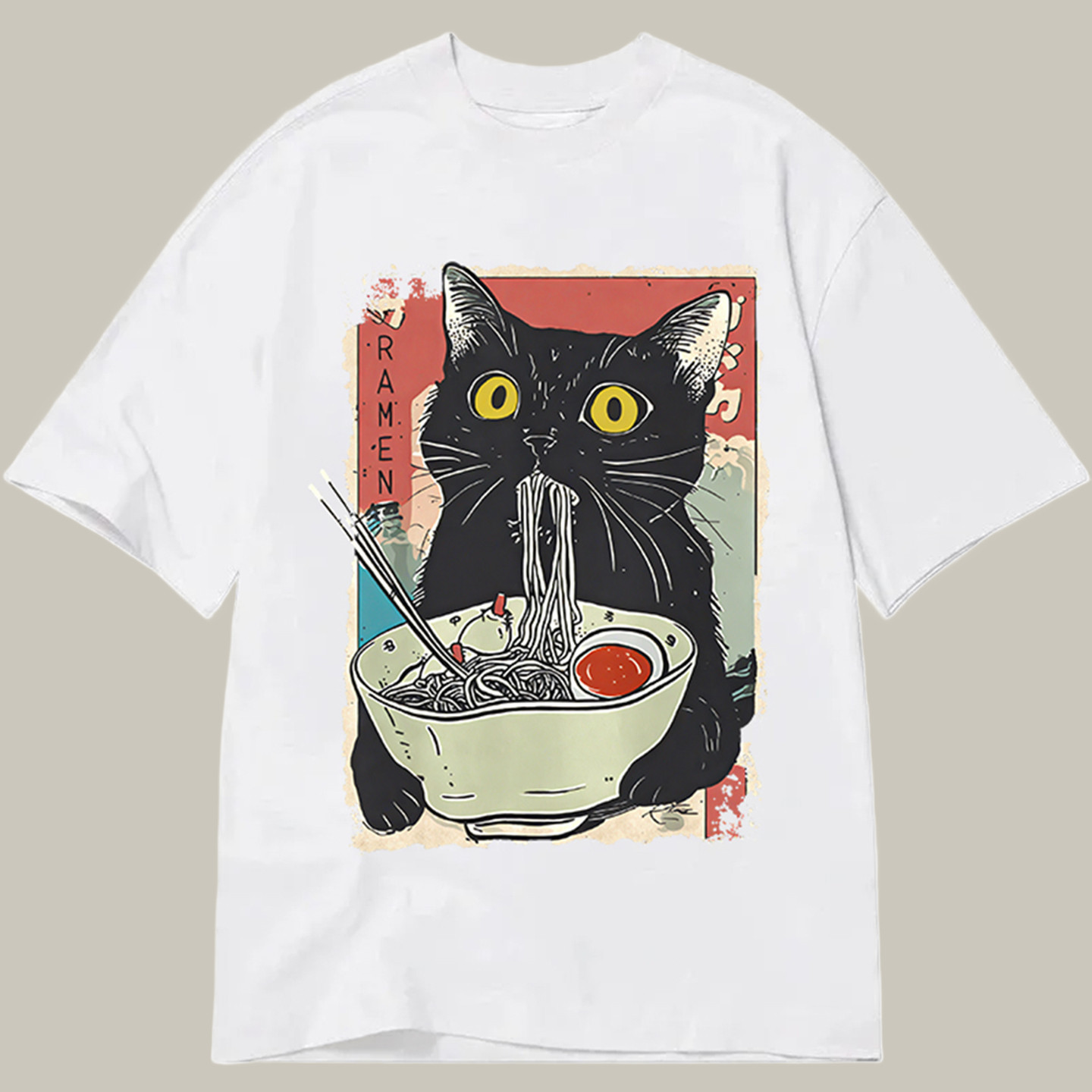 Cute Cat Eating Ramen Classic Shirt Funny Graphic T-Shirt Brother And Sister Christmas Gifts
