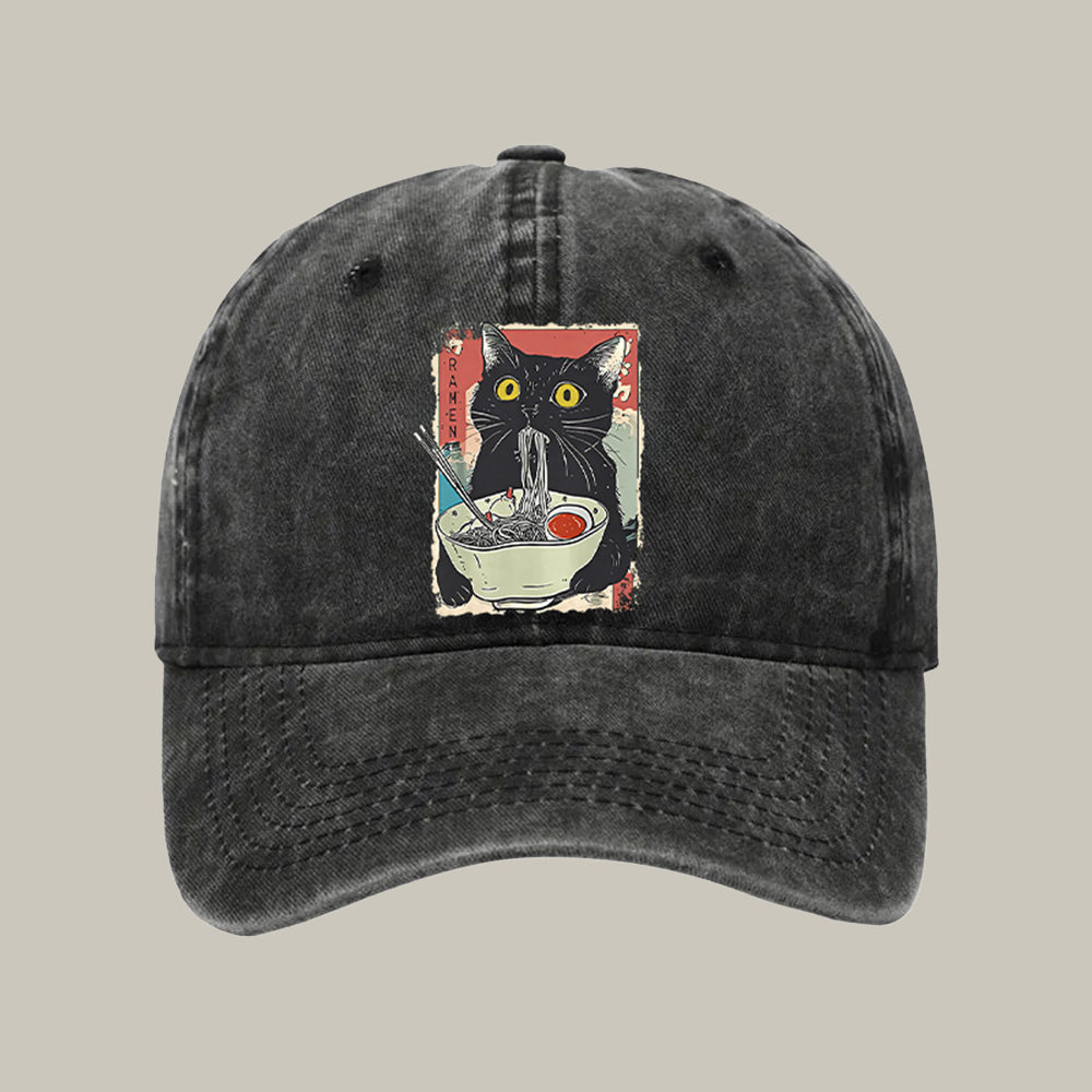 Cute Cat Eating Ramen Washed Cap Humorous Baseball Caps Cat Presents For Christmas