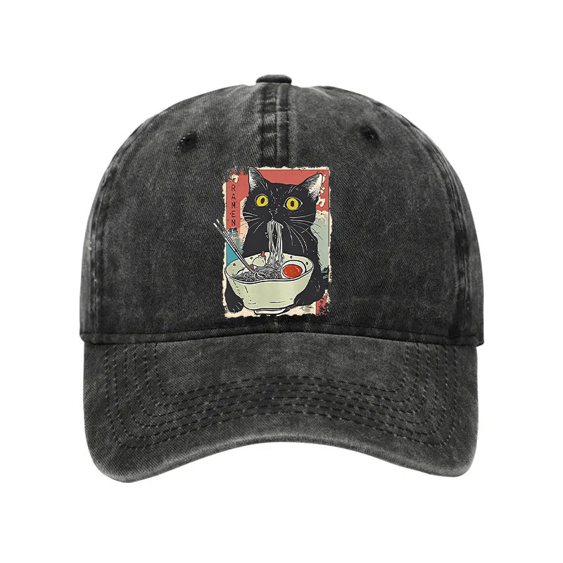 Cute Cat Eating Ramen Washed Hat Funny Baseball Cap Funny Cat Gifts
