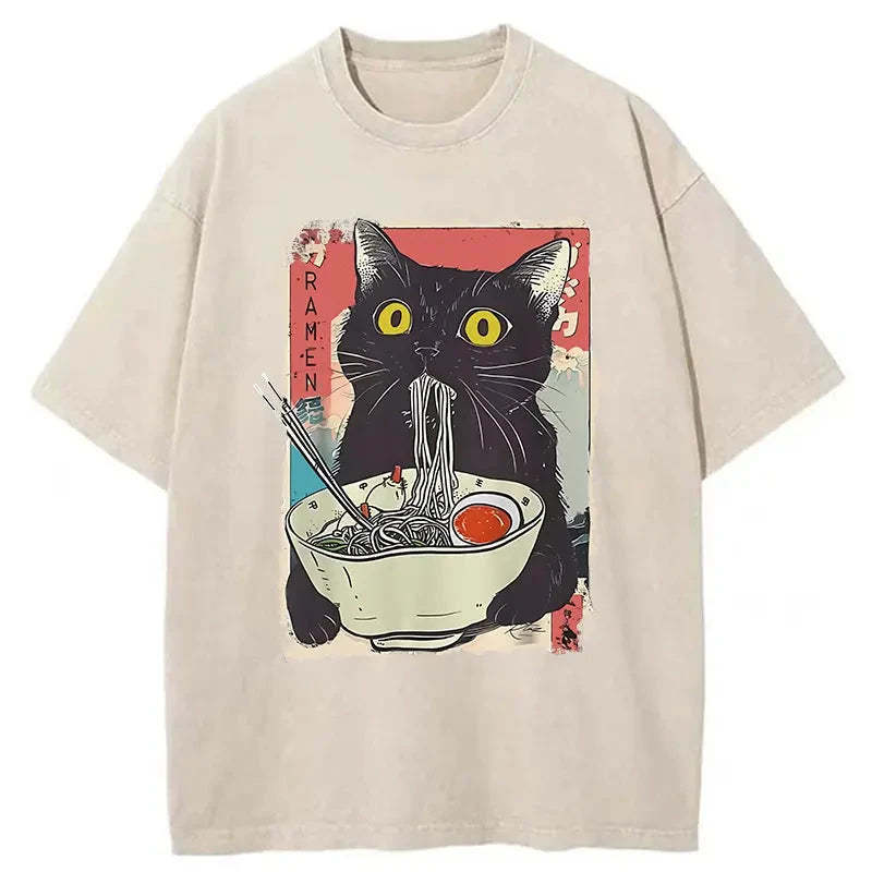 Cute Cat Eating Ramen Washed T-Shirt Retro Humor Graphic Top Gifts For Friends