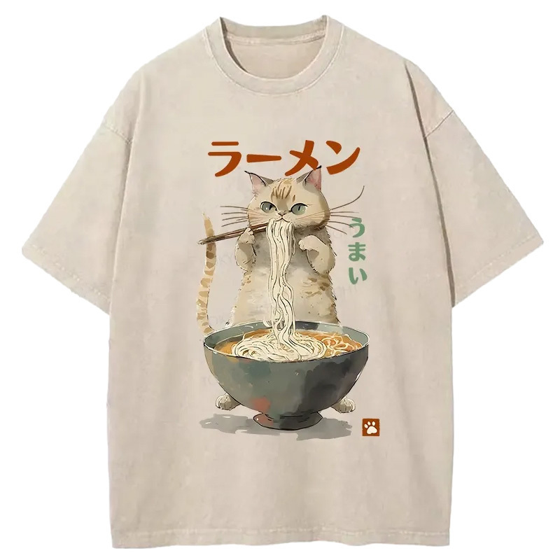 Cute Cat Eating Yummy Ramen Washed T-Shirt Retro Streetwear Graphic Top Gifts For Him