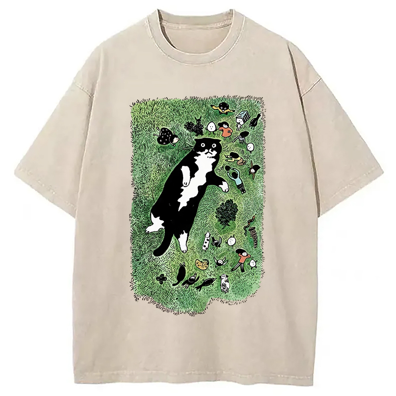 Cute Cat Graffiti Washed T-Shirt Retro Humor Graphic Top Gifts For Brother