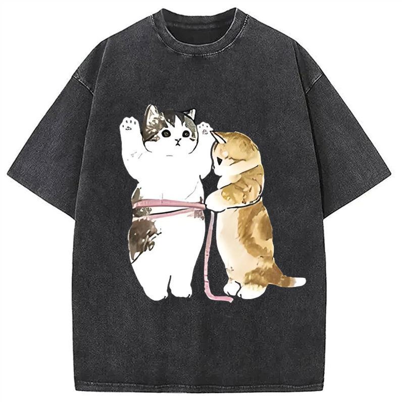 Cute Cat Measurement Washed T-Shirt Classic Graphic Fashion Tee Gifts For Besties