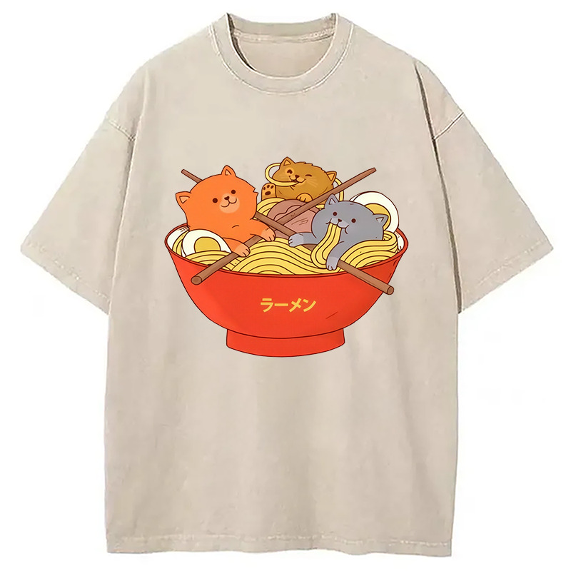 Cute Cat Ramen Washed T-Shirt Retro Humor Outfit Idea Gifts For Besties