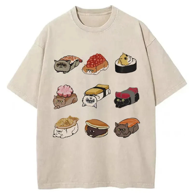 Cute Cat Sushi Washed T-Shirt Minimal Retro Graphic Clothing Gifts For Friends