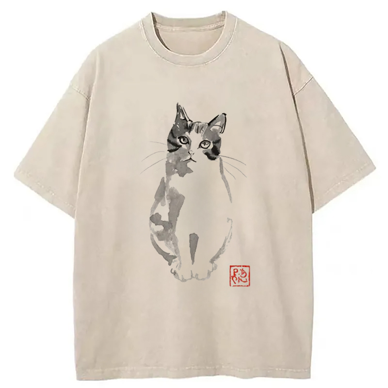 Cute Cat Washed T-Shirt Trendy Everyday Casual Outfit Gifts For Her