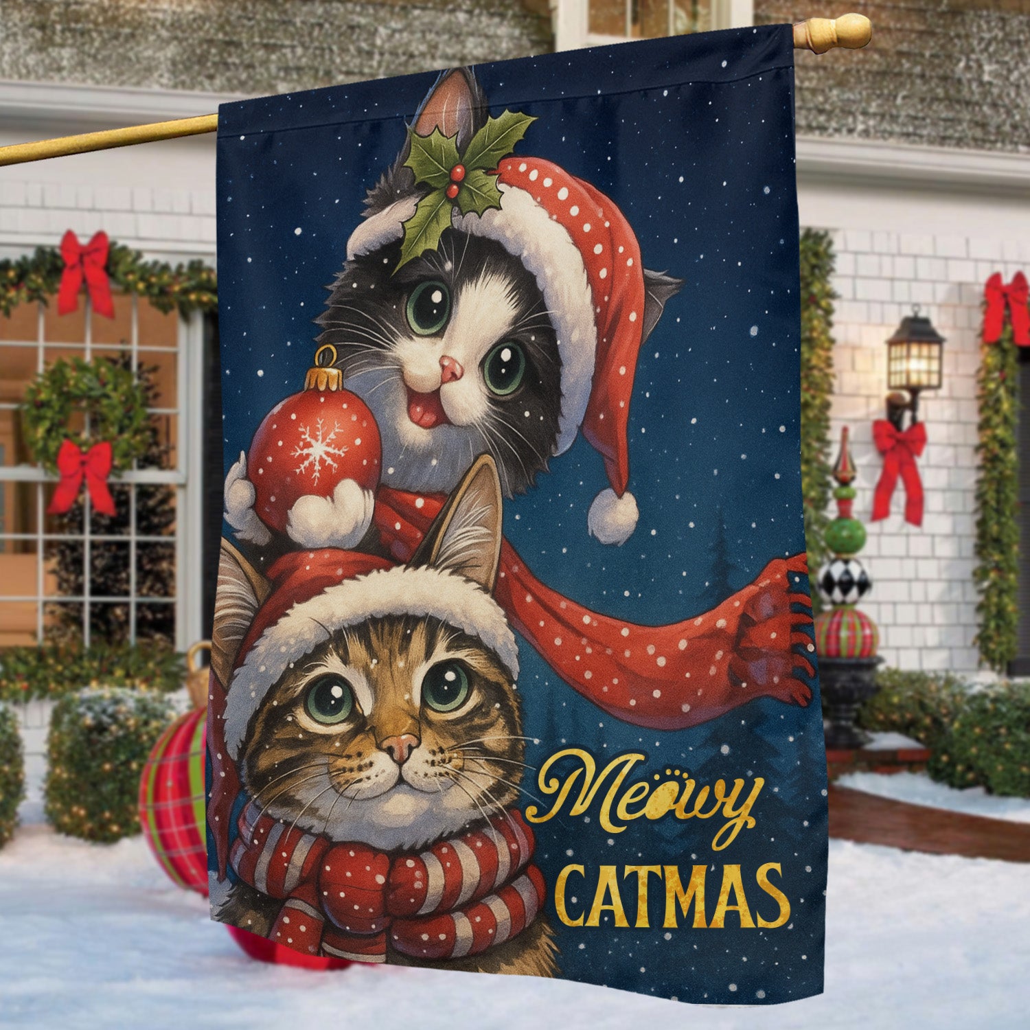 Cute Christmas Cat Garden Flag Meowy Catmas Yard Flag Xmas Gift For Cat Lovers