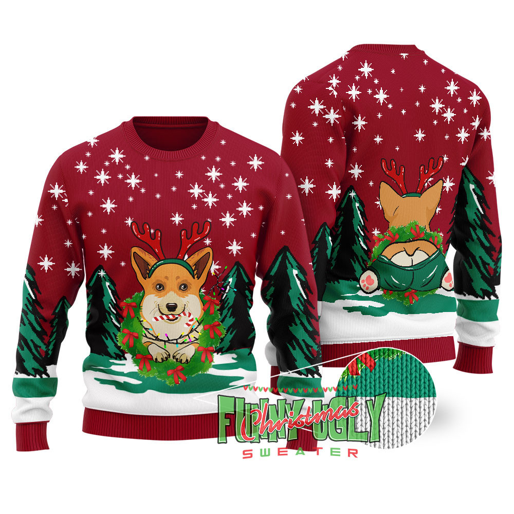 Cute Corgi Christmas Sweater Cardinal Red Comfortable Holiday Sweater for Chilly Nights