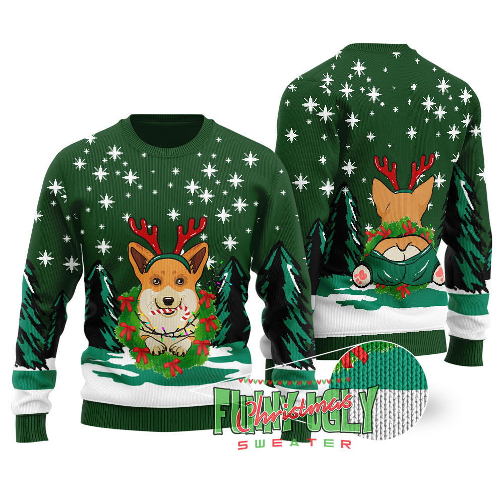 Cute Corgi Christmas Sweater Forest Green Lovely Christmas Sweater Gift for Mom or Grandma