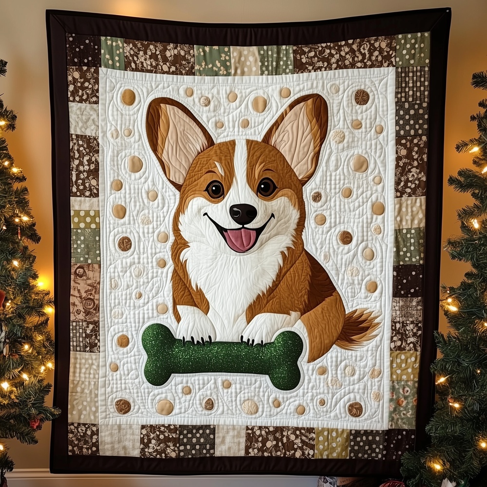 Cute Corgi Dog With Bone Quilted Blanket Adorable Puppy Art Patchwork Throw Best Gift For Dog Lovers