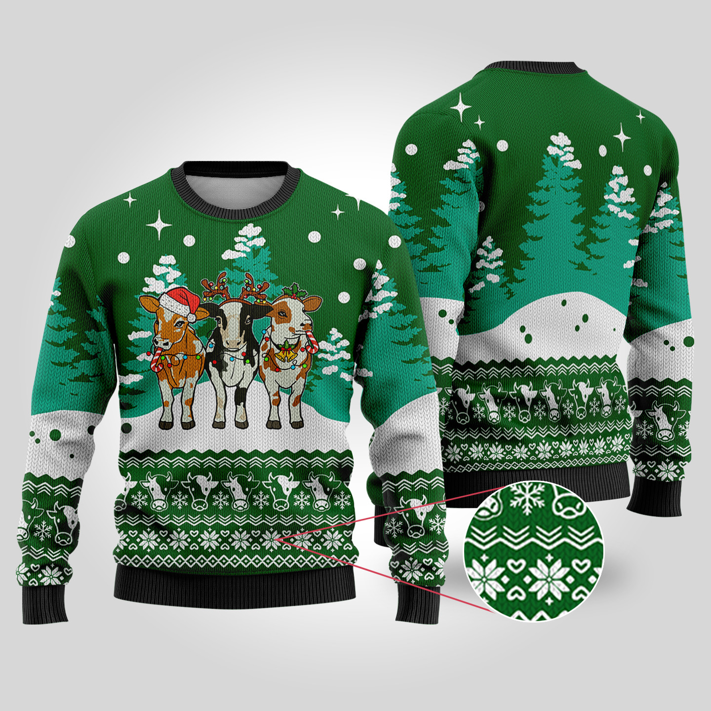 Cute Cows Funny Ugly Christmas Sweater Forest Green Trendy Christmas Sweater for Winter Outfits