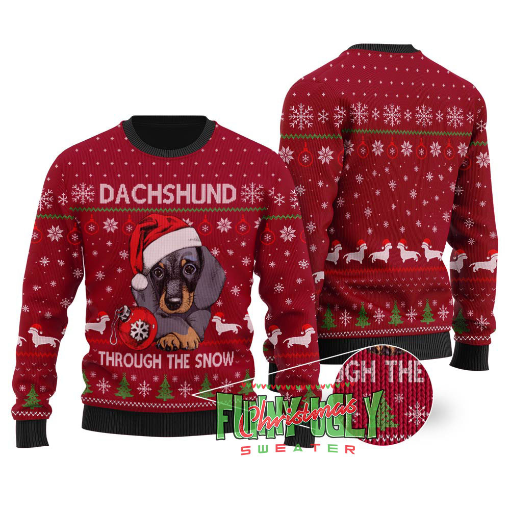 Cute Dachshund Ugly Christmas Sweater Cardinal Red Classic Holiday Sweater for Festive Looks