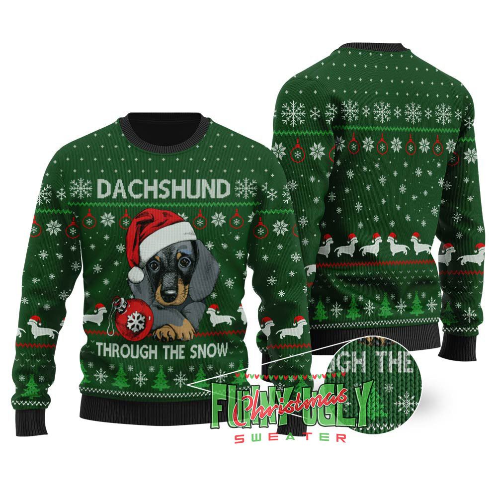 Cute Dachshund Ugly Christmas Sweater Forest Green Funny Holiday Sweater for Family Gatherings
