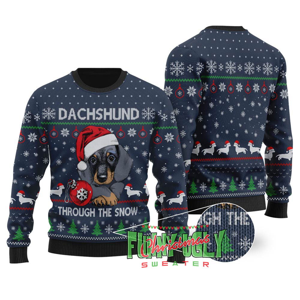 Cute Dachshund Ugly Christmas Sweater Navy Personalized Christmas Sweatshirt Gift for Family