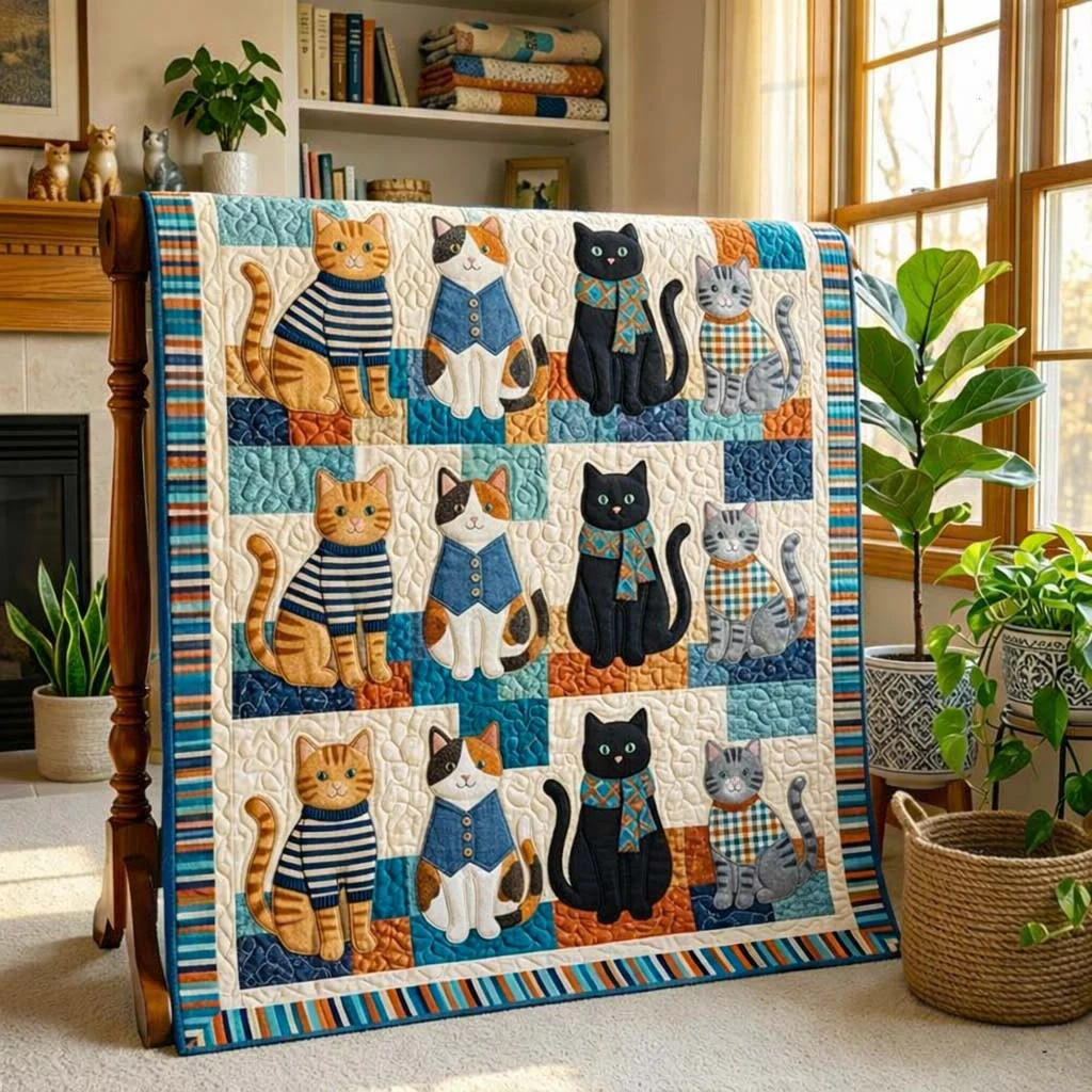Cute Dressed Cats Quilted Blanket Funny Pet Patchwork Decor Best Gift For Cat Lover Women
