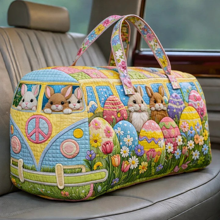 Cute Easter Bunny Egg Garden VW Bus Quilted Duffle Bag Spring Travel Bag Gift For Easter Lovers