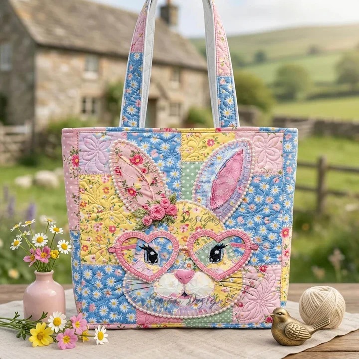 Cute Easter Bunny Heart Glasses Quilted Tote Bag Spring Holiday Floral Celebration Gift For Her