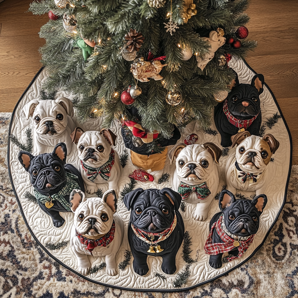 Cute French Bulldog Christmas Quilted Tree Skirt Holiday Decorations Gifts For Frenchie Lovers