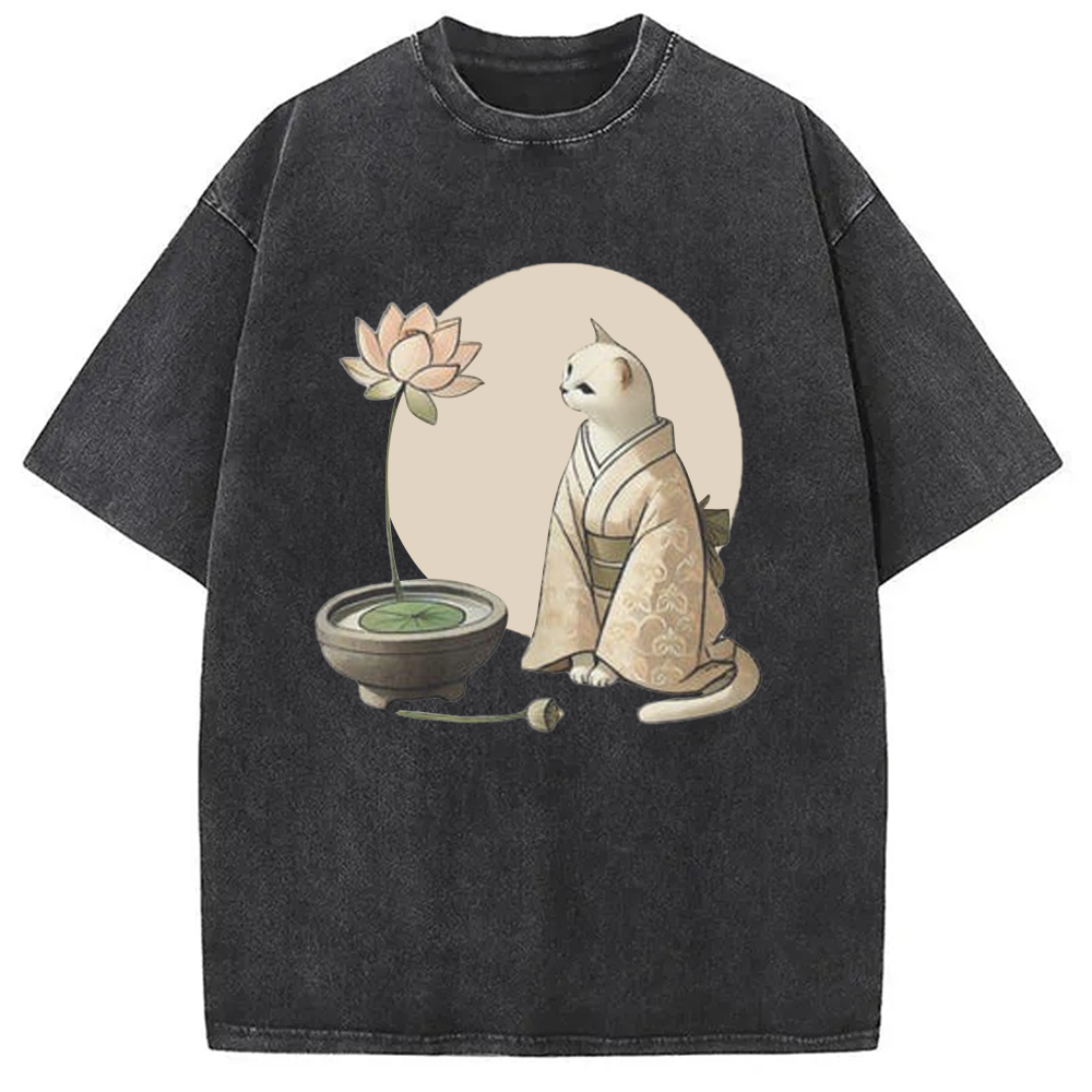 Cute Geisha Cat Washed T-Shirt Minimal Retro Graphic Clothing Gifts For Sister